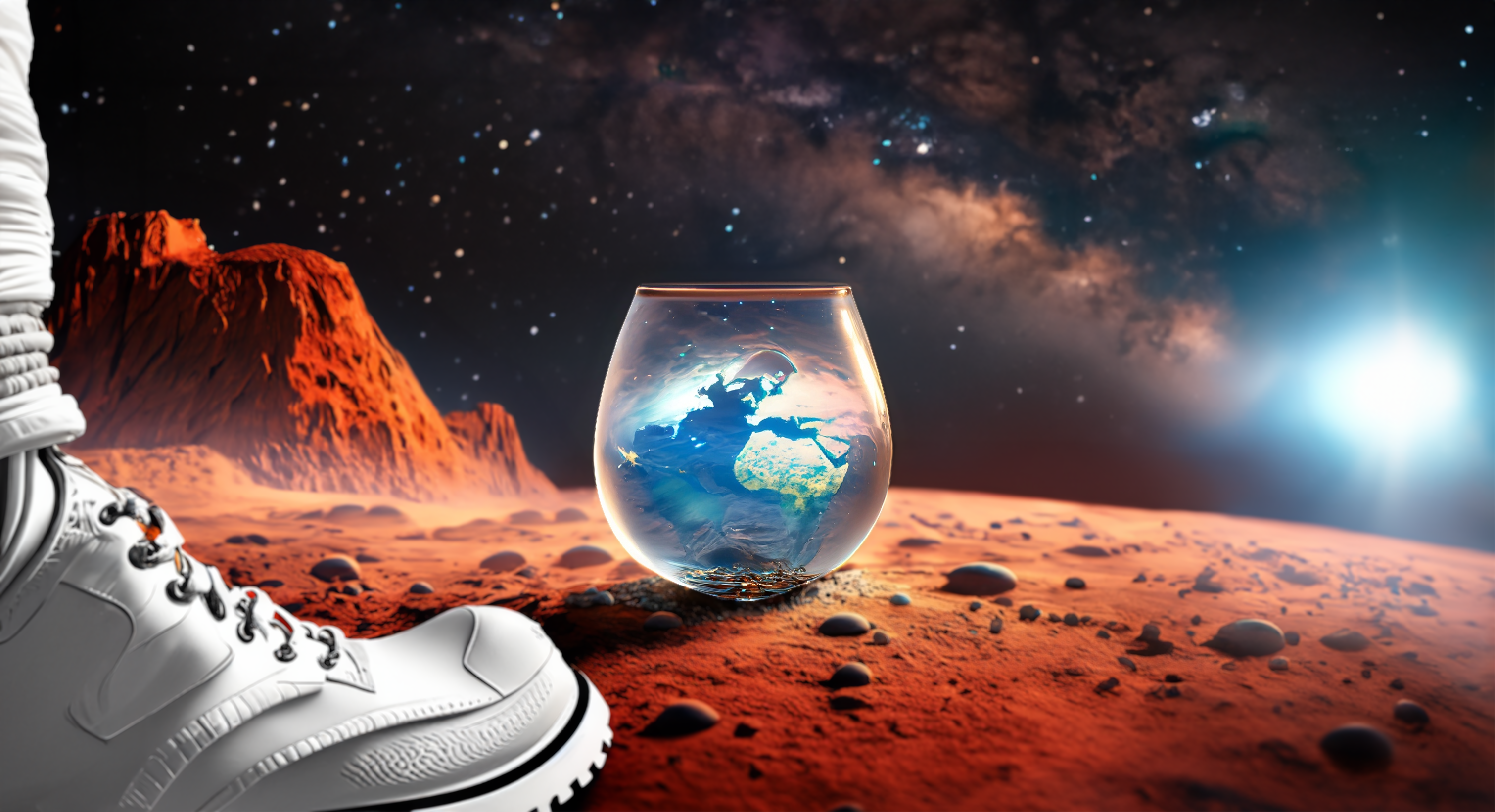 An image showing a glass of liquid on the surface of Mars. There is a leg of an astronaut nearby.